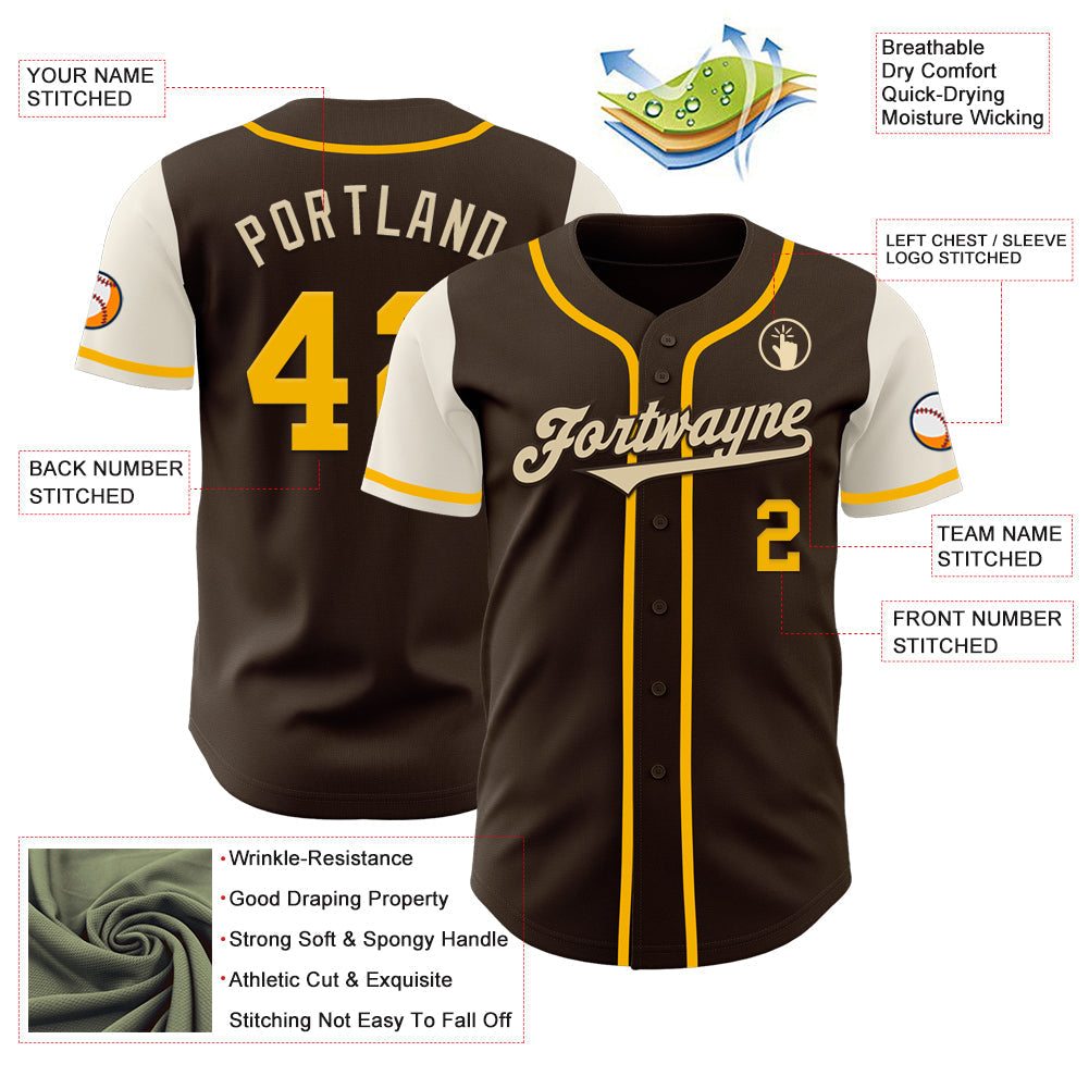 Custom Brown Gold-Cream Authentic Two Tone Baseball Jersey baseball jersey product view 3