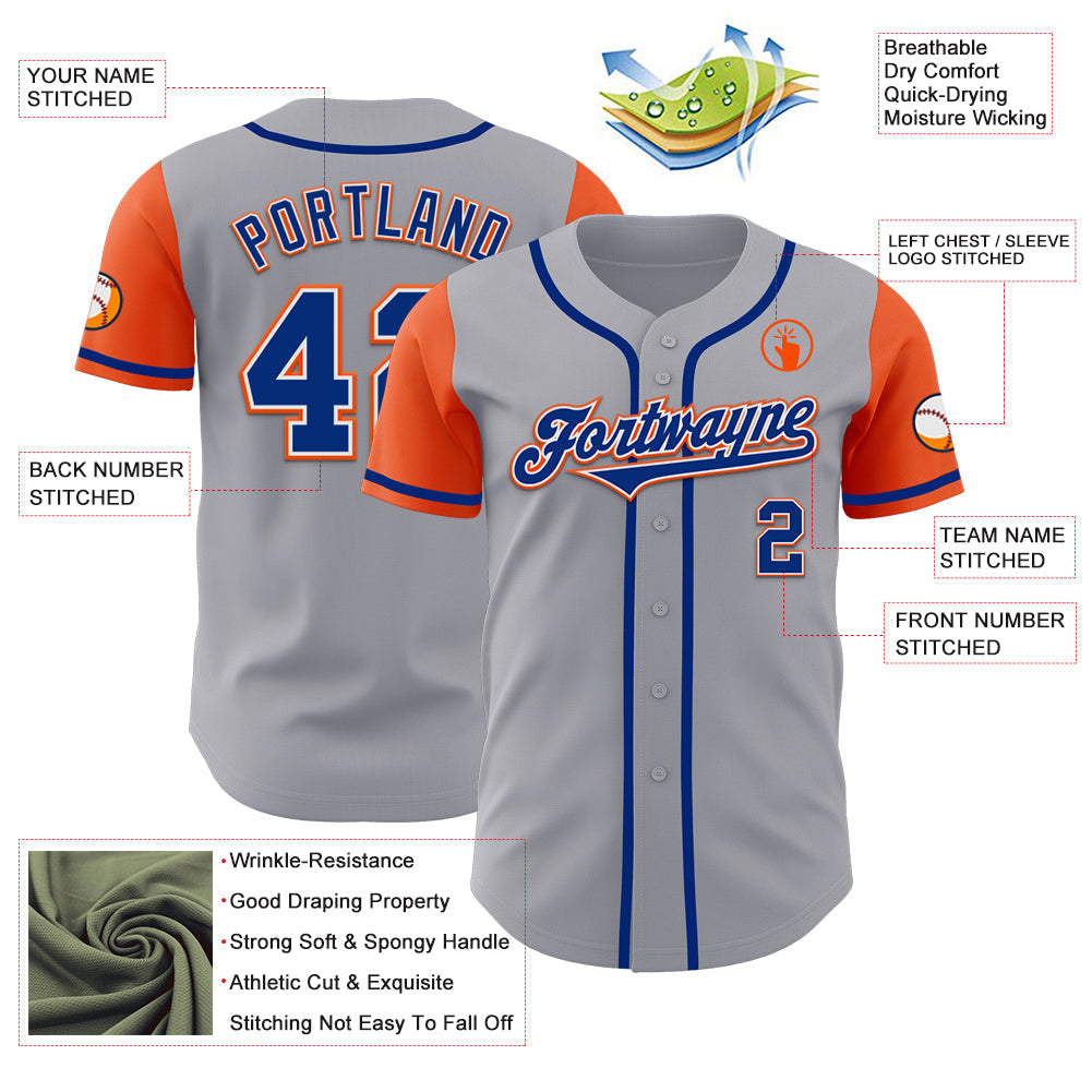 Custom Gray Royal-Orange Authentic Two Tone Baseball Jersey baseball jersey product view 3