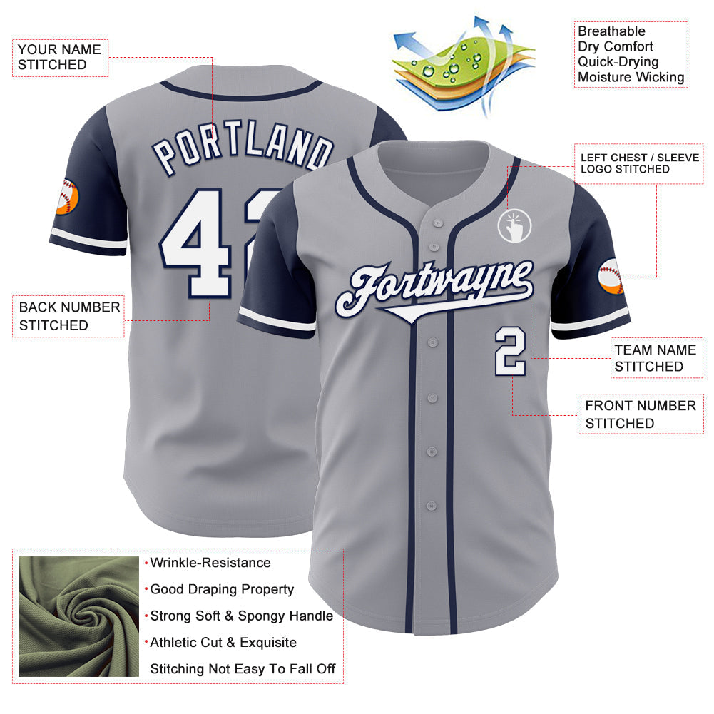Custom Gray White-Navy Authentic Two Tone Baseball Jersey baseball jersey product view 3