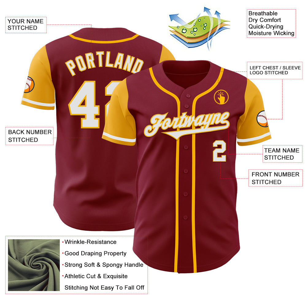 Custom Crimson White-Gold Authentic Two Tone Baseball Jersey baseball jersey product view 3