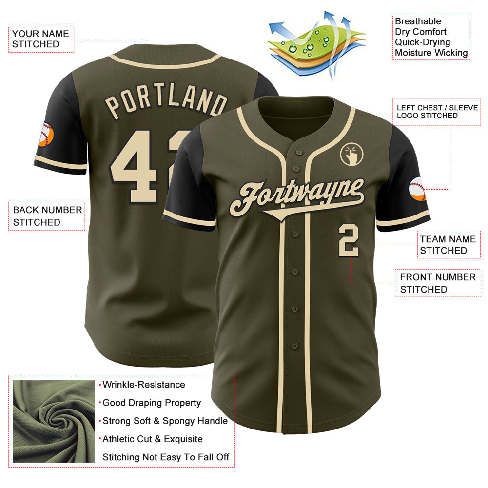 Custom Olive Cream-Black Authentic Two Tone Salute To Service Baseball Jersey baseball jersey product view 3