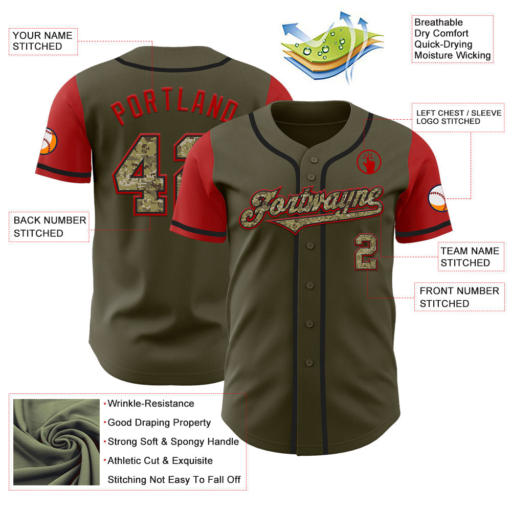 Custom Olive Camo-Black Authentic Two Tone Salute To Service Baseball Jersey baseball jersey product view 3