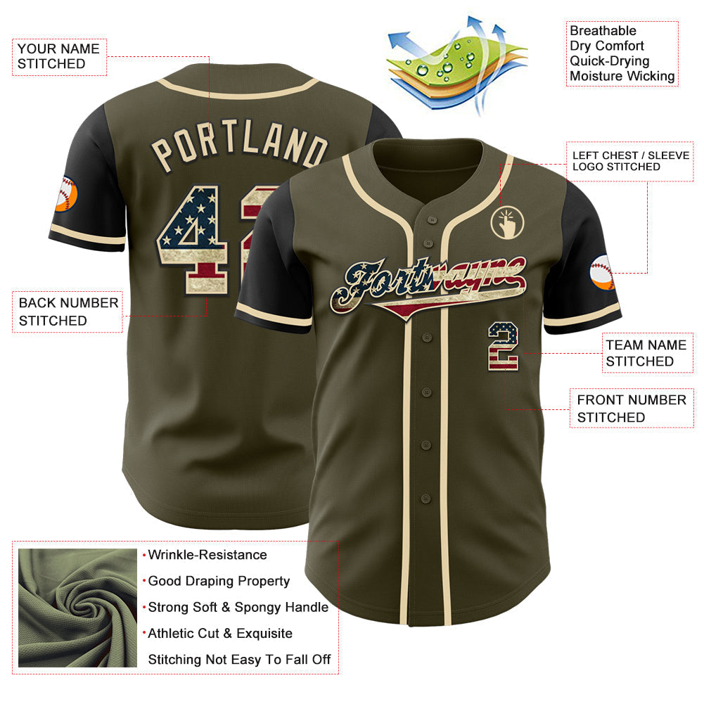 Custom Olive Vintage USA Flag-Black Authentic Two Tone Salute To Service Baseball Jersey baseball jersey product view 3