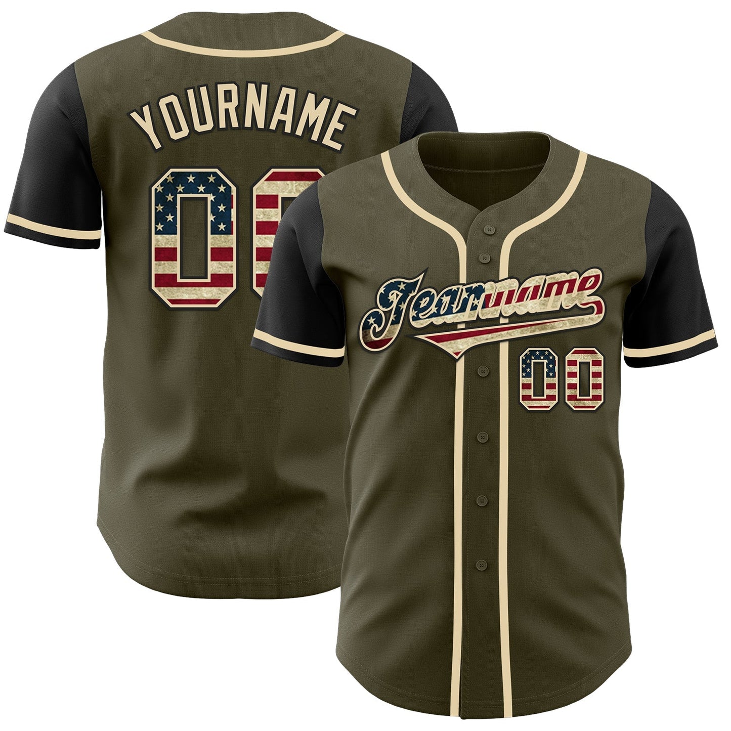 Custom Olive Vintage USA Flag-Black Authentic Two Tone Salute To Service Baseball Jersey baseball jersey product view 1