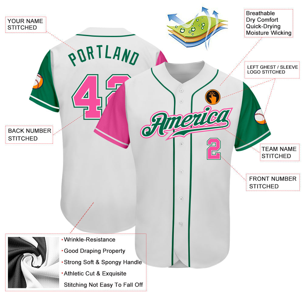 Custom White Pink-Kelly Green Authentic Two Tone Baseball Jersey baseball jersey product view 3