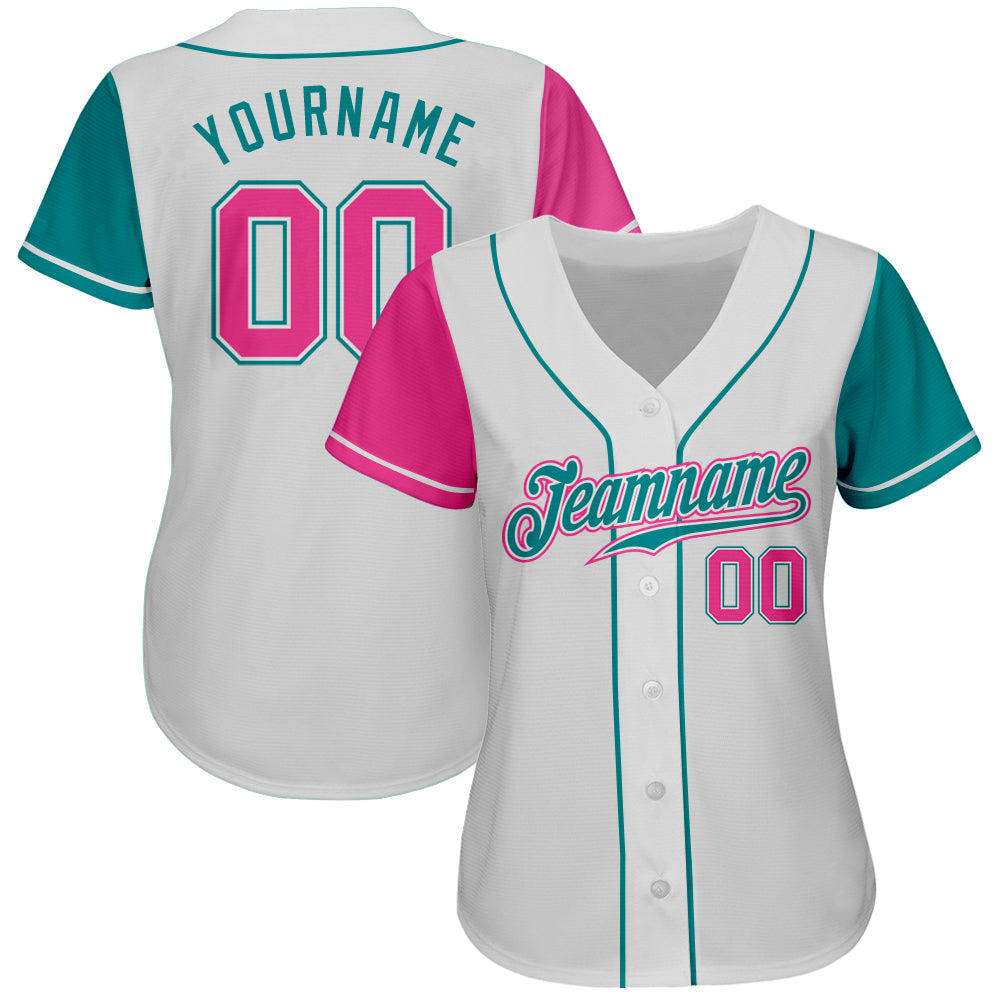 Custom White Pink-Teal Authentic Two Tone Baseball Jersey baseball jersey product view 2