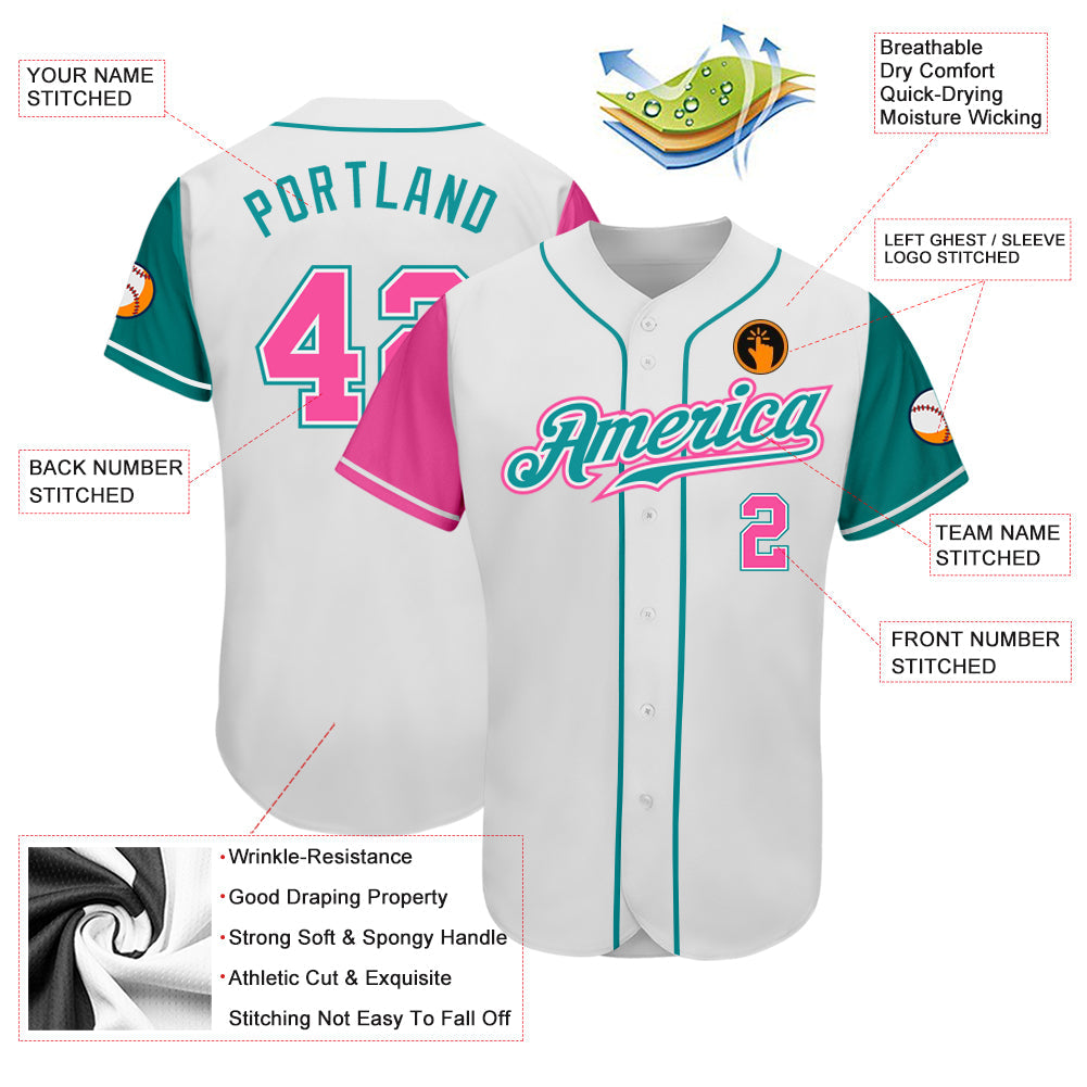Custom White Pink-Teal Authentic Two Tone Baseball Jersey baseball jersey product view 3