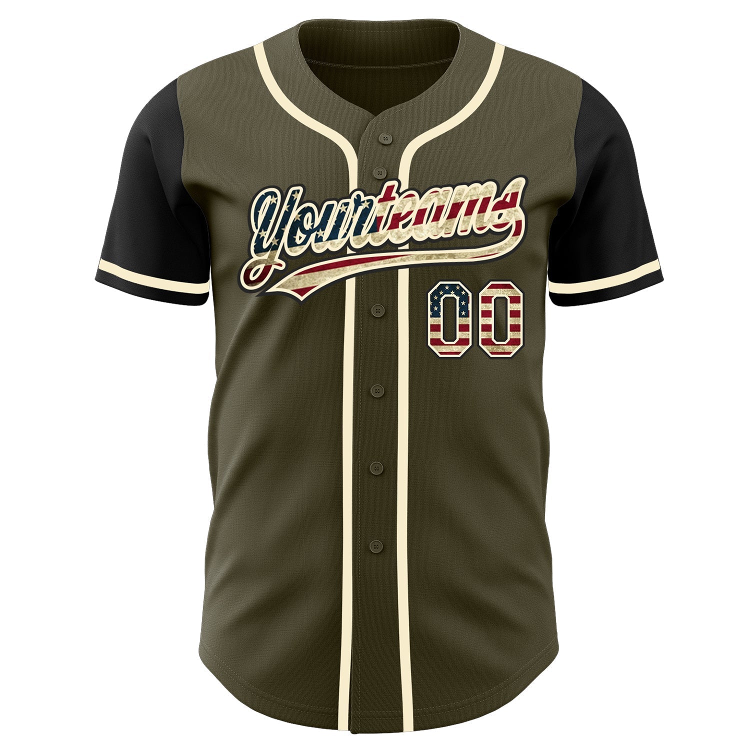 Custom Olive Vintage USA Flag Black-Cream Authentic Salute To Service Two Tone Baseball Jersey baseball jersey product view 2