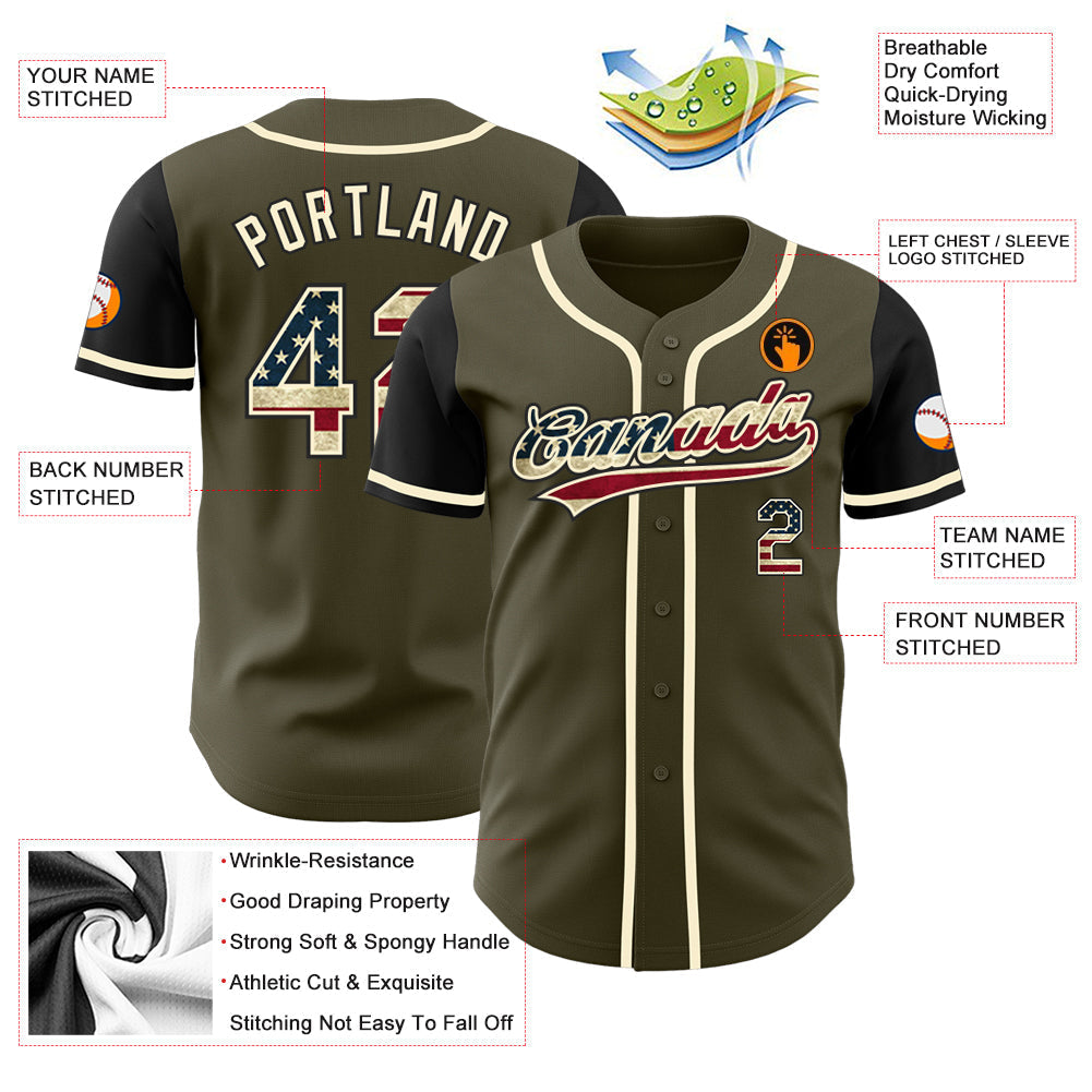 Custom Olive Vintage USA Flag Black-Cream Authentic Salute To Service Two Tone Baseball Jersey baseball jersey product view 3
