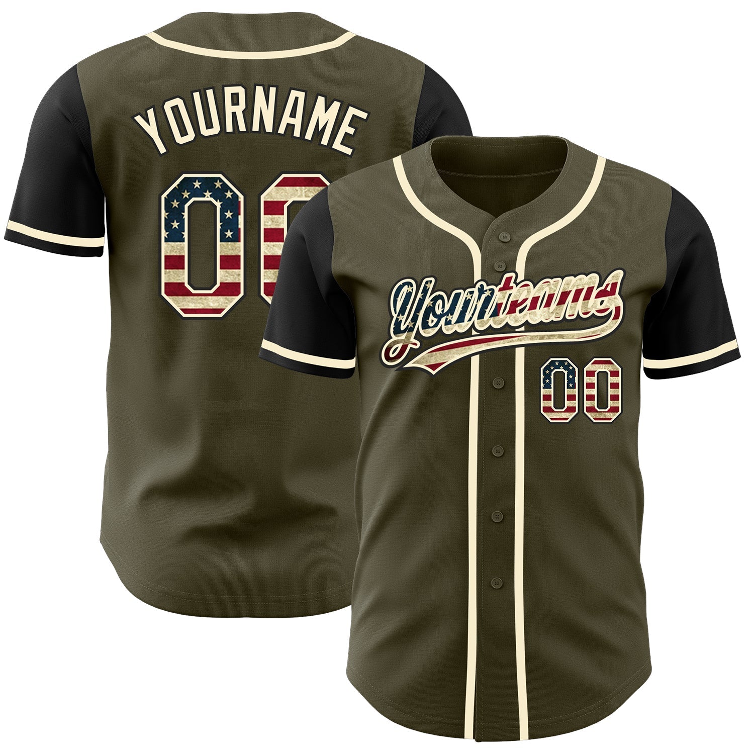 Custom Olive Vintage USA Flag Black-Cream Authentic Salute To Service Two Tone Baseball Jersey baseball jersey product view 1