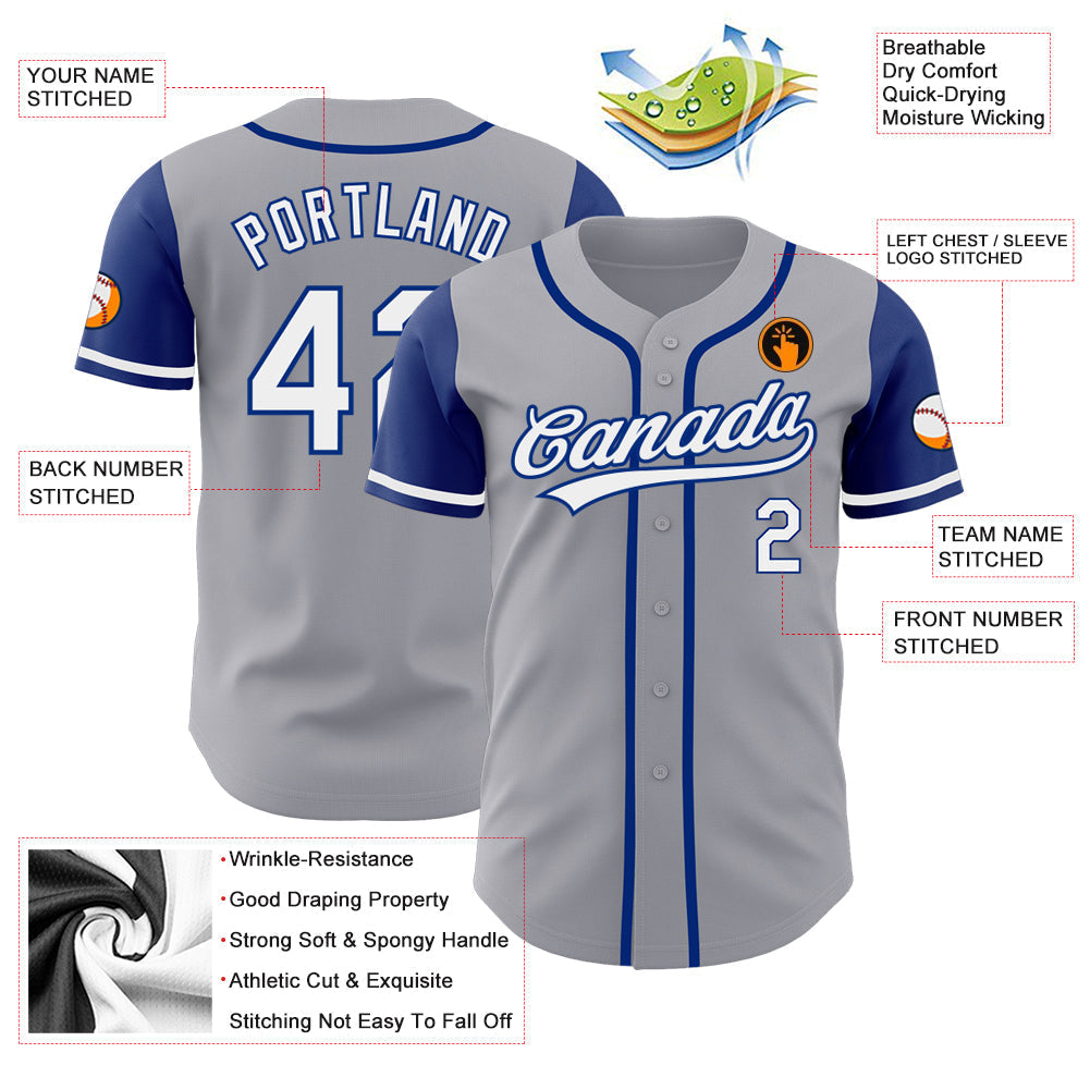 Custom Gray White-Royal Authentic Two Tone Baseball Jersey baseball jersey product view 3
