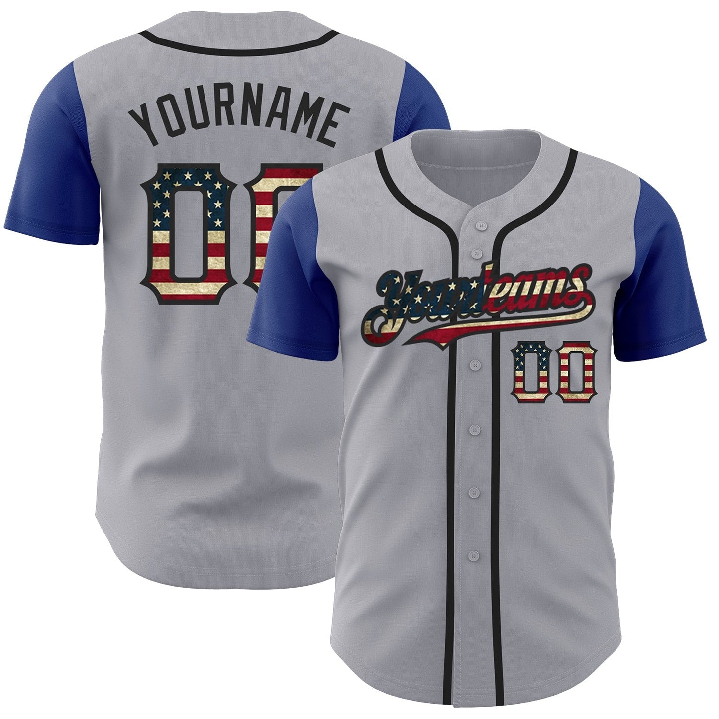 Custom Gray Vintage USA Flag Royal-Black Authentic Two Tone Baseball Jersey baseball jersey product view 1