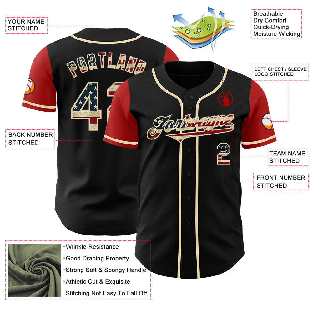 Custom Black Vintage USA Flag Cream-Red Authentic Two Tone Baseball Jersey baseball jersey product view 3