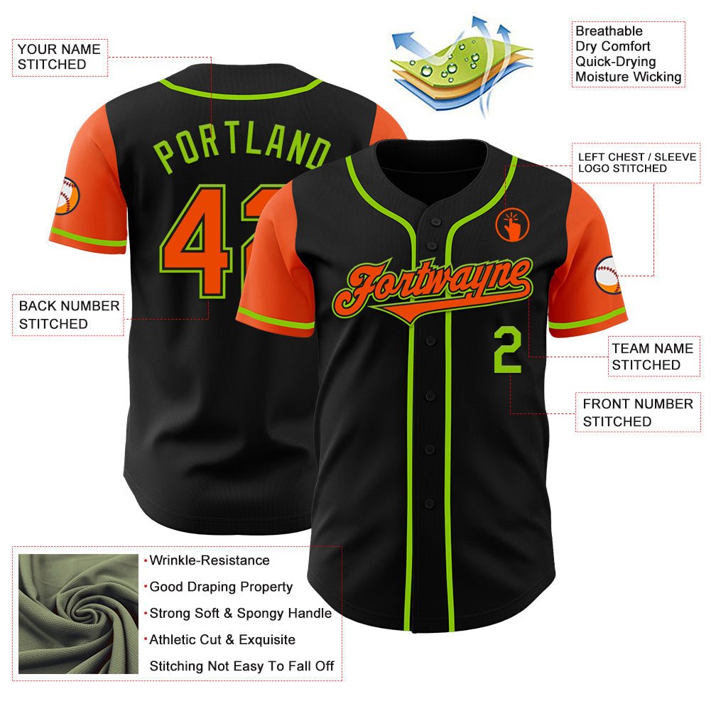 Custom Black Orange-Neon Green Authentic Two Tone Baseball Jersey baseball jersey product view 3