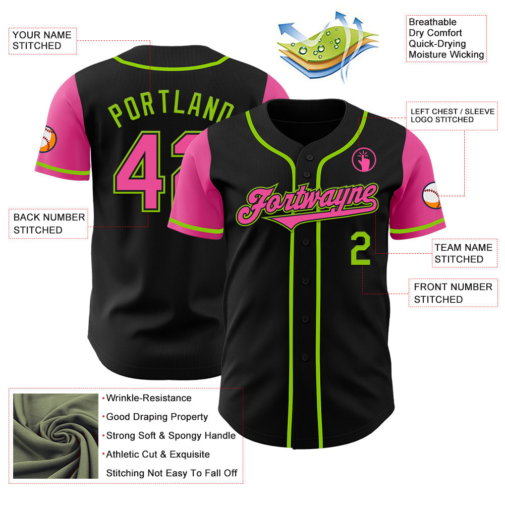 Custom Black Pink-Neon Green Authentic Two Tone Baseball Jersey baseball jersey product view 3