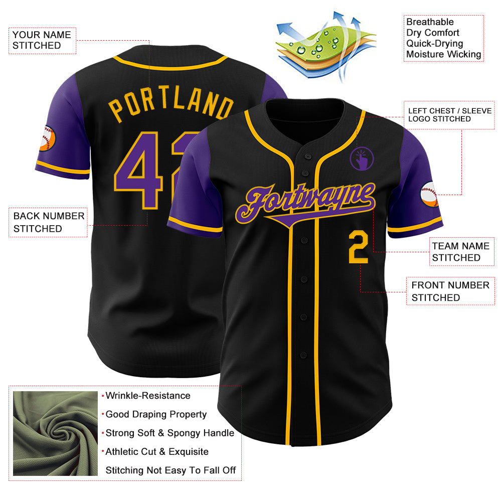 Custom Black Purple-Gold Authentic Two Tone Baseball Jersey baseball jersey product view 3