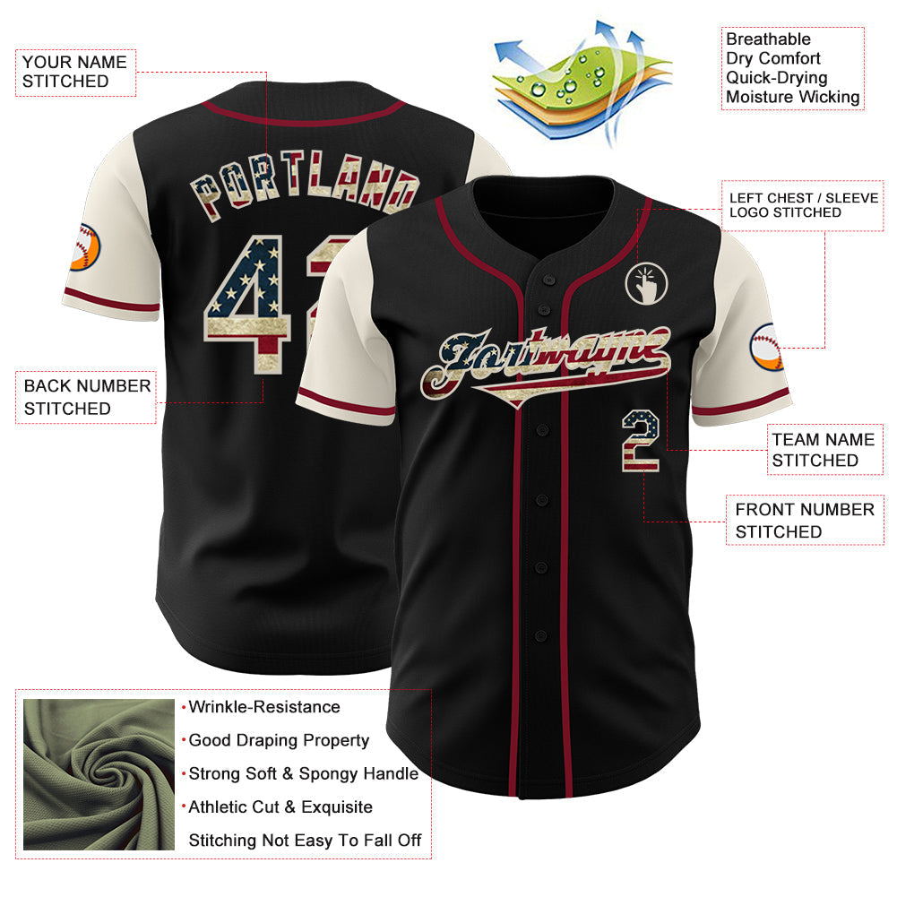 Custom Black Vintage USA Flag Cream-Crimson Authentic Two Tone Baseball Jersey baseball jersey product view 3