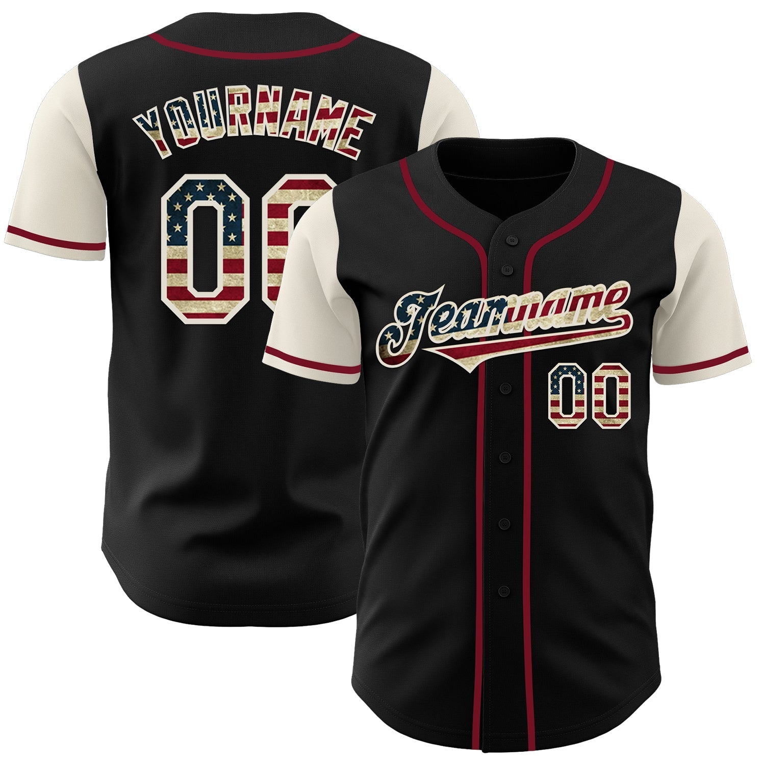 Custom Black Vintage USA Flag Cream-Crimson Authentic Two Tone Baseball Jersey baseball jersey product view 1