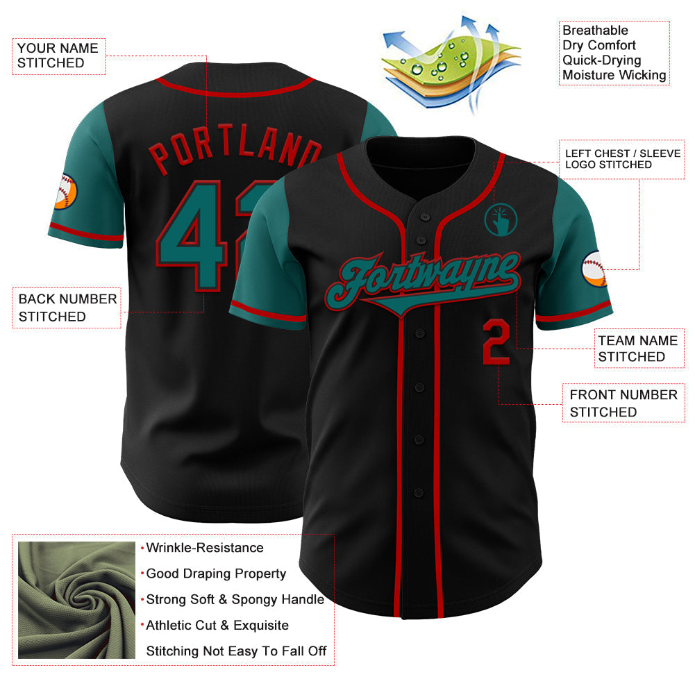 Custom Black Teal-Red Authentic Two Tone Baseball Jersey baseball jersey product view 3