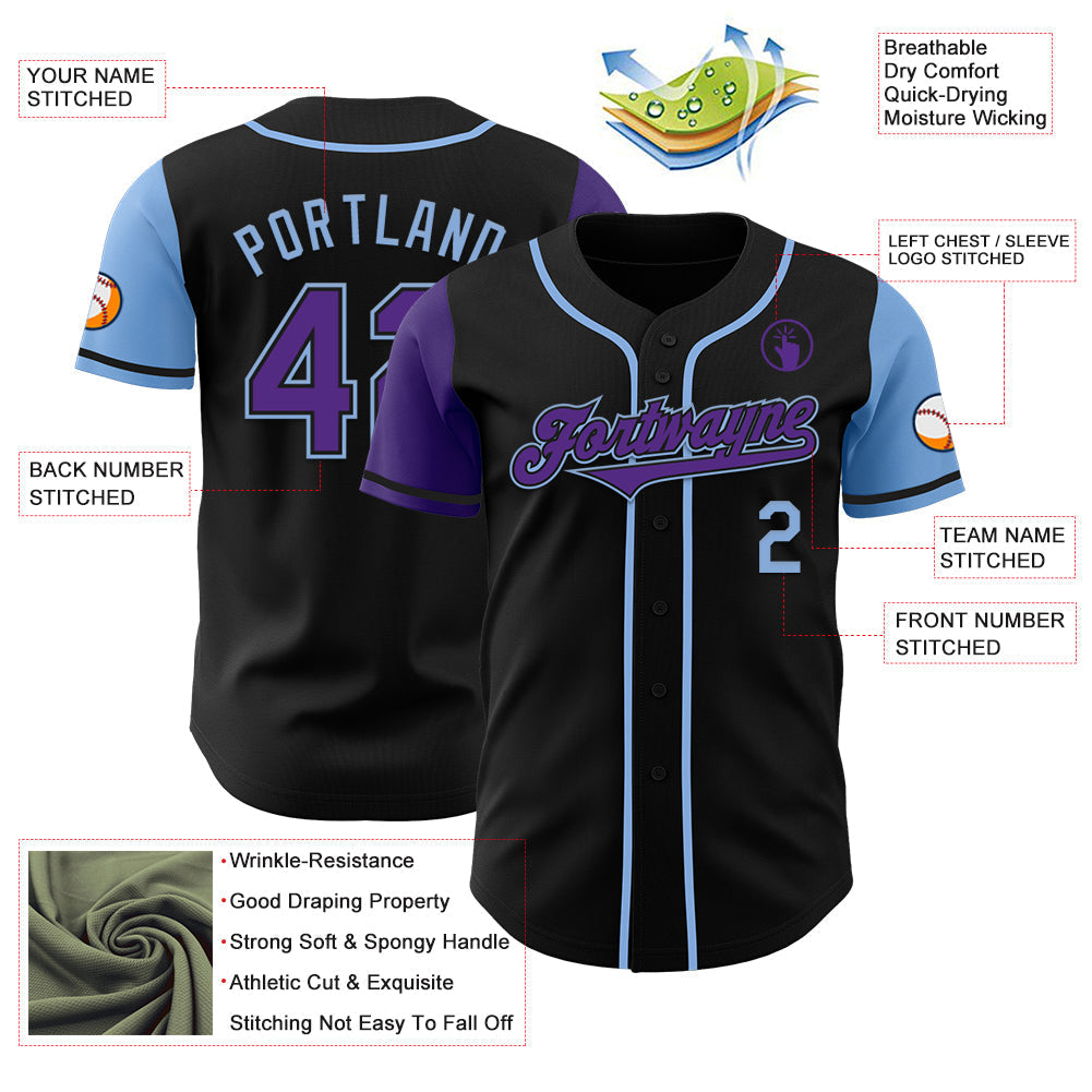 Custom Black Purple-Light Blue Authentic Two Tone Baseball Jersey baseball jersey product view 3