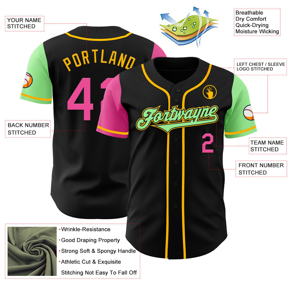 Custom Black Pink Pea Green-Gold Authentic Two Tone Baseball Jersey baseball jersey product view 3