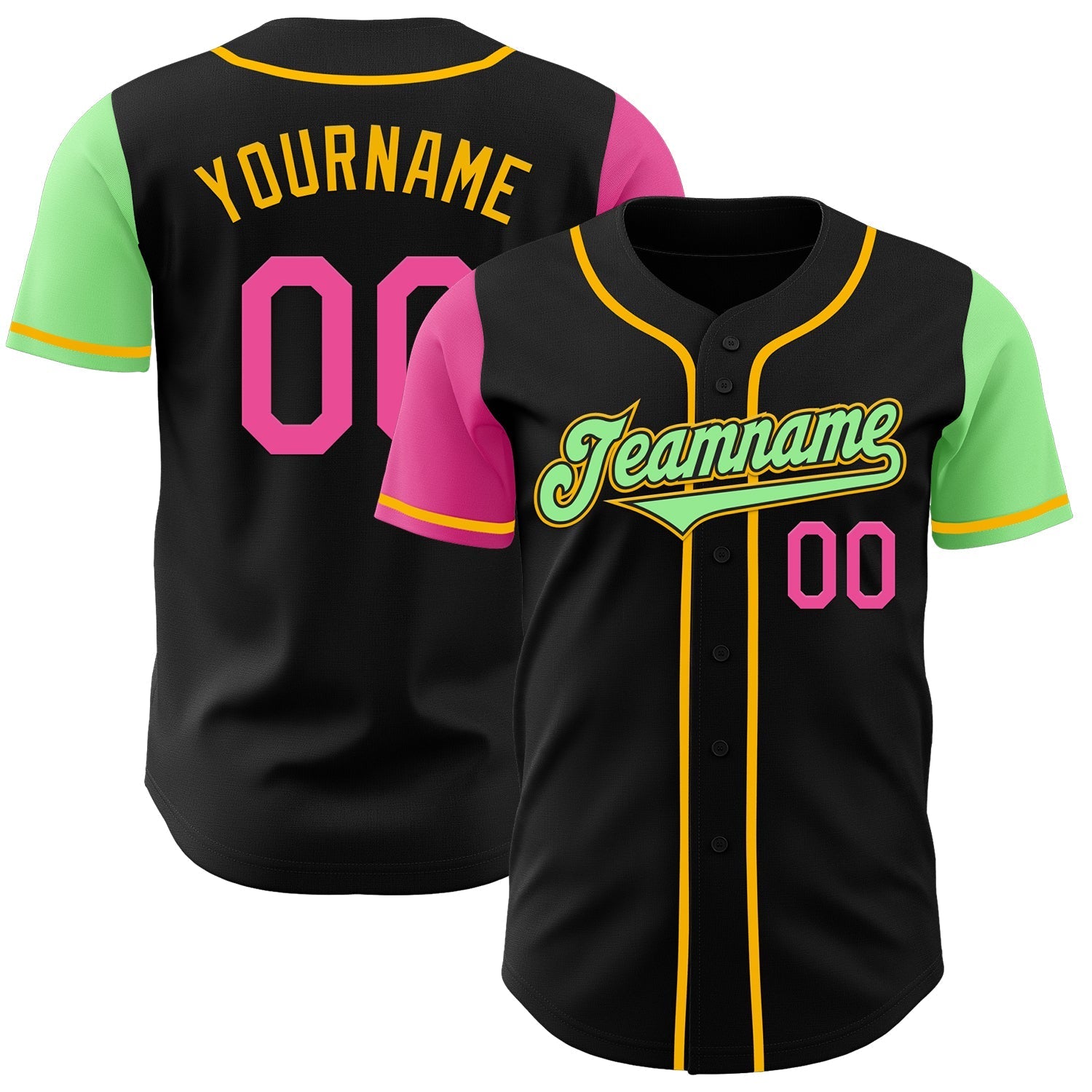 Custom Black Pink Pea Green-Gold Authentic Two Tone Baseball Jersey baseball jersey product view 1
