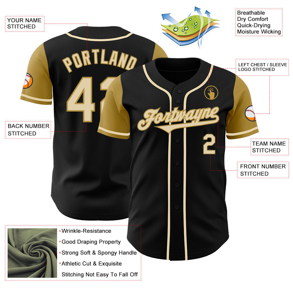 Custom Black Cream-Old Gold Authentic Two Tone Baseball Jersey baseball jersey product view 3