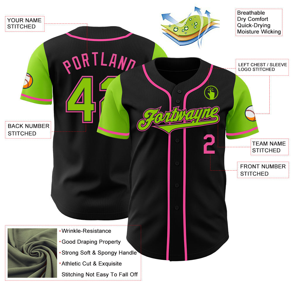 Custom Black Neon Green-Pink Authentic Two Tone Baseball Jersey baseball jersey product view 3