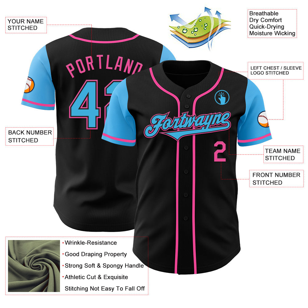 Custom Black Sky Blue-Pink Authentic Two Tone Baseball Jersey baseball jersey product view 3