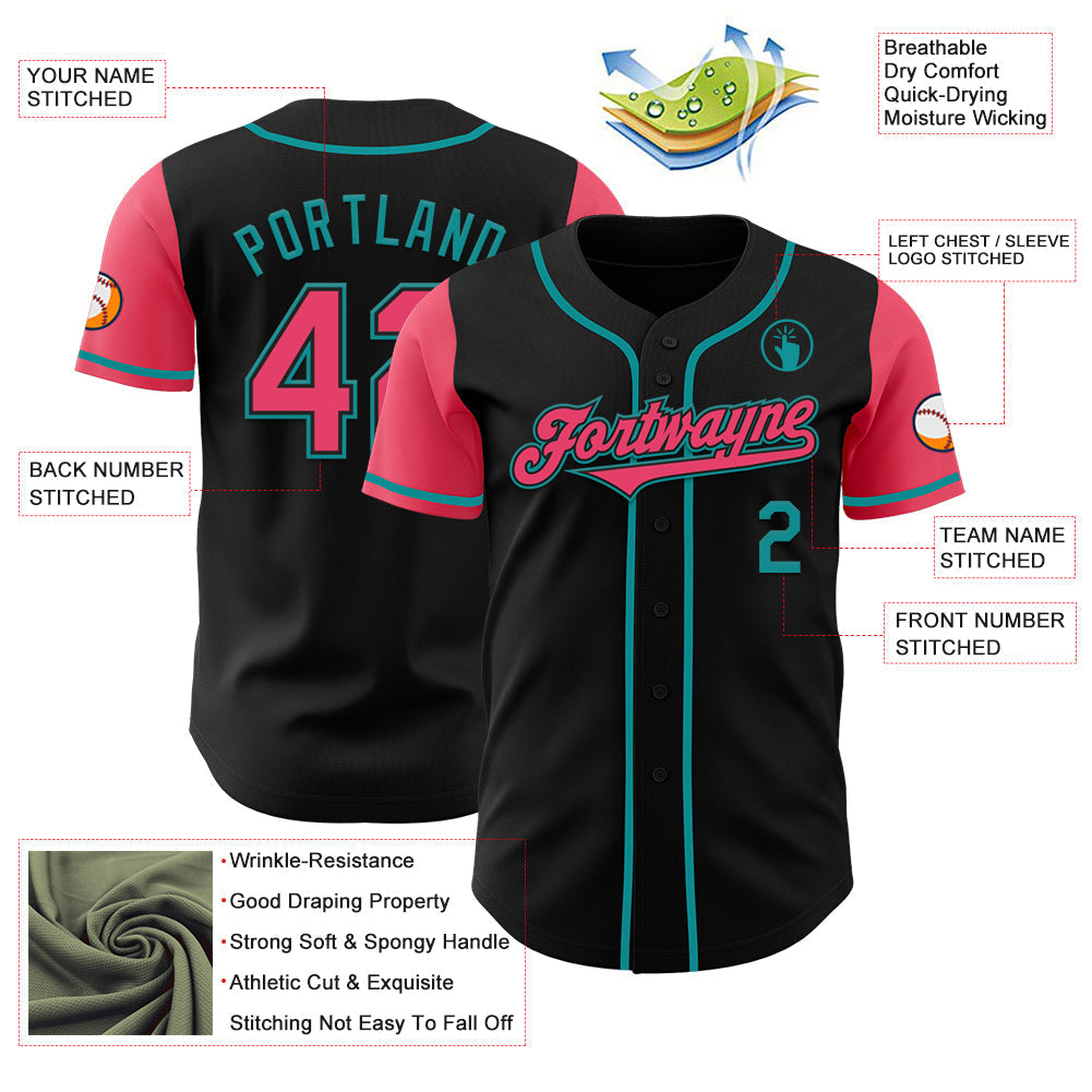 Custom Black Neon Pink-Teal Authentic Two Tone Baseball Jersey baseball jersey product view 3