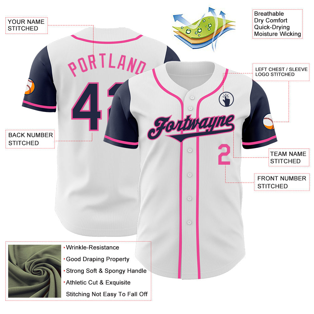 Custom White Navy-Pink Authentic Two Tone Baseball Jersey baseball jersey product view 3