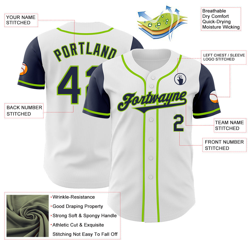 Custom White Navy-Neon Green Authentic Two Tone Baseball Jersey baseball jersey product view 3