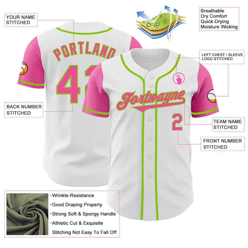Custom White Pink-Neon Green Authentic Two Tone Baseball Jersey baseball jersey product view 3