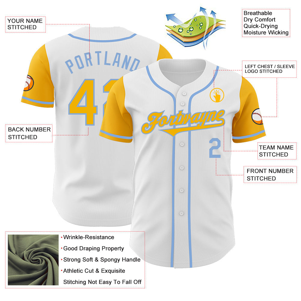Custom White Gold-Light Blue Authentic Two Tone Baseball Jersey baseball jersey product view 3