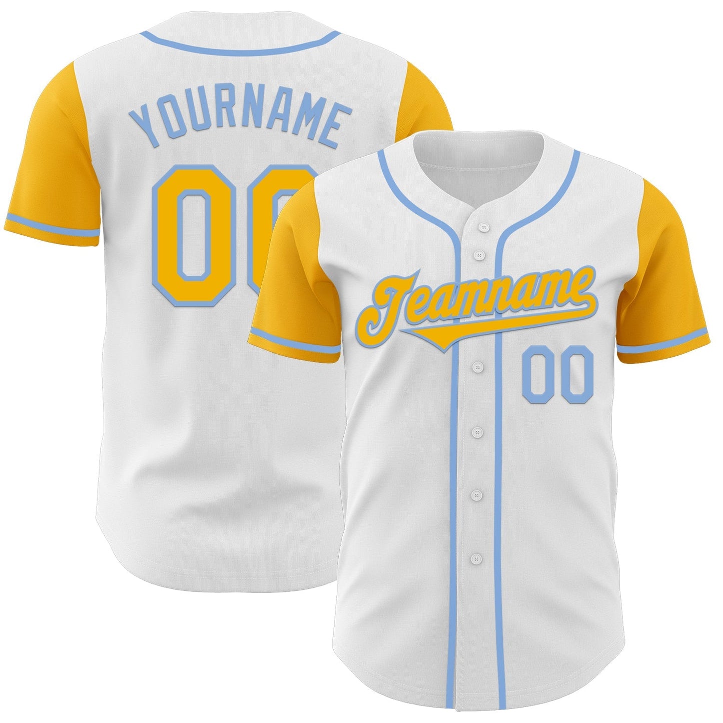 Custom White Gold-Light Blue Authentic Two Tone Baseball Jersey baseball jersey product view 1