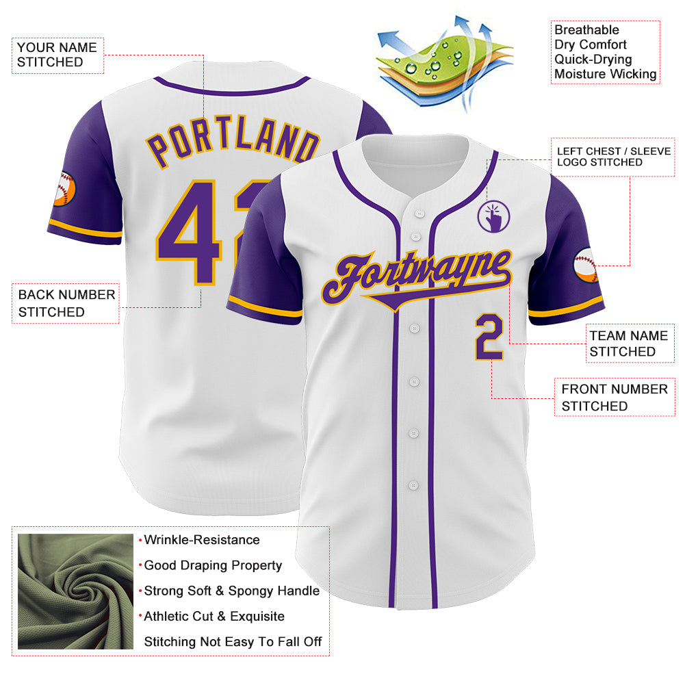 Custom White Purple-Gold Authentic Two Tone Baseball Jersey baseball jersey product view 3