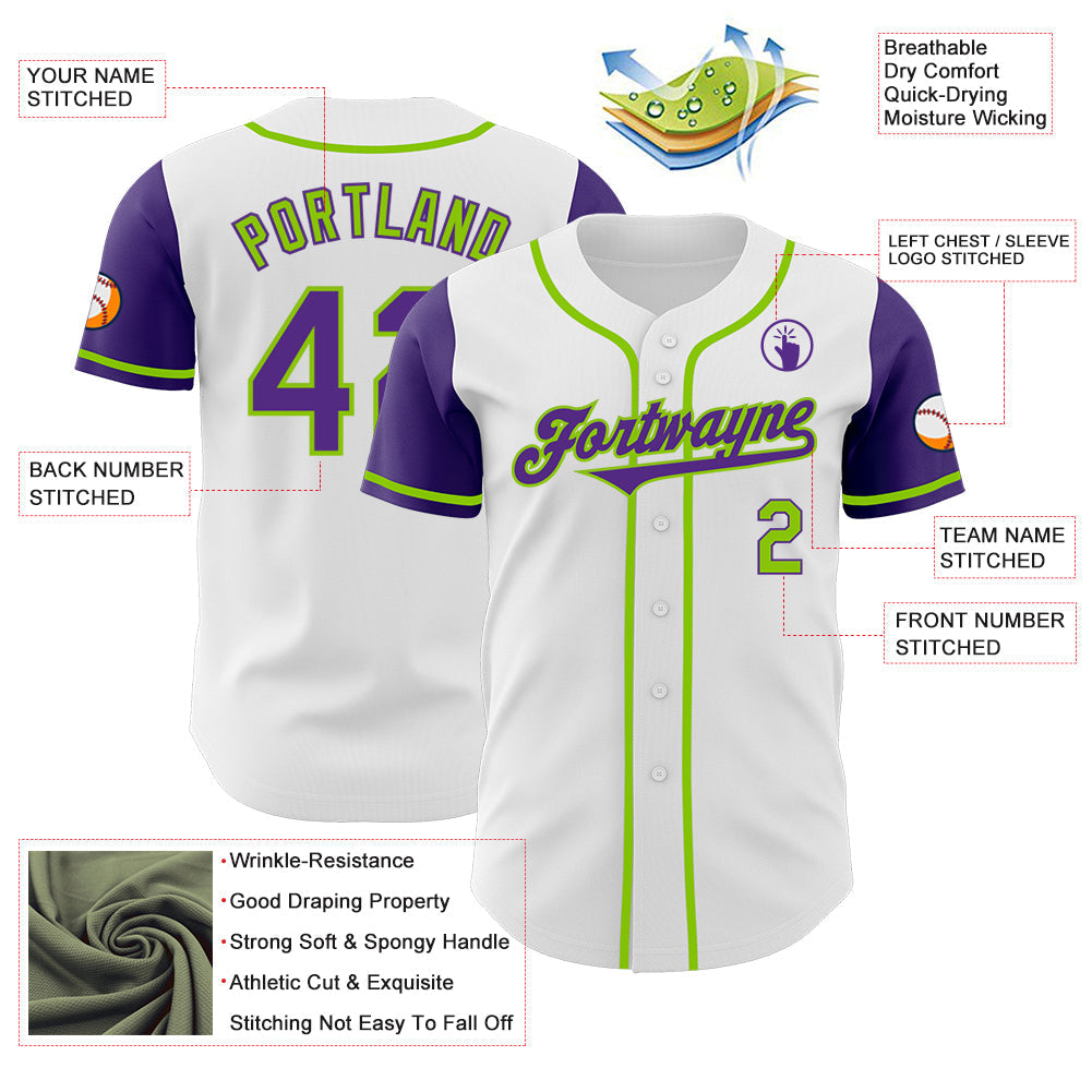 Custom White Purple-Neon Green Authentic Two Tone Baseball Jersey baseball jersey product view 3
