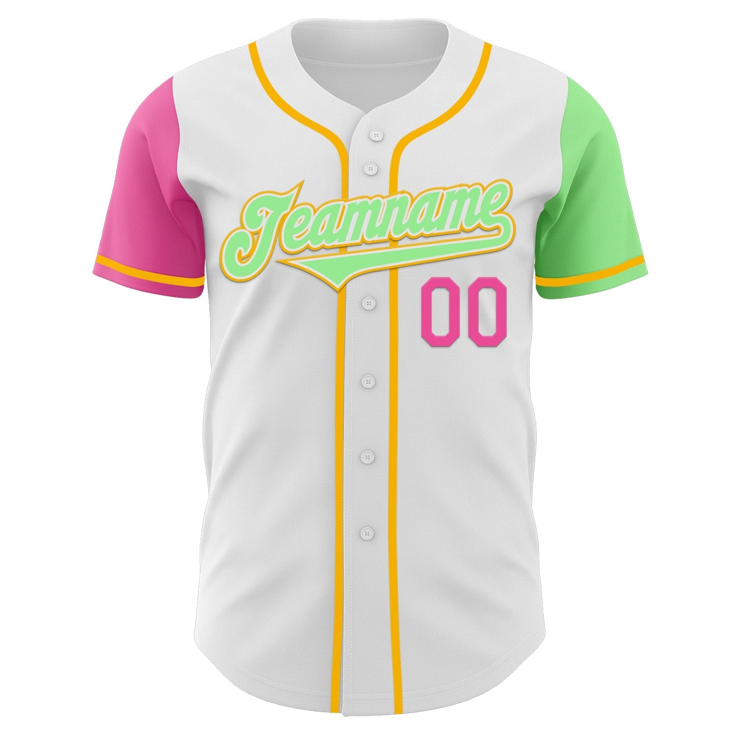 Custom White Pink Pea Green-Gold Authentic Two Tone Baseball Jersey baseball jersey product view 2