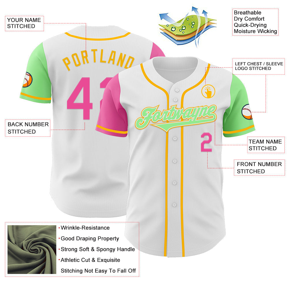 Custom White Pink Pea Green-Gold Authentic Two Tone Baseball Jersey baseball jersey product view 3