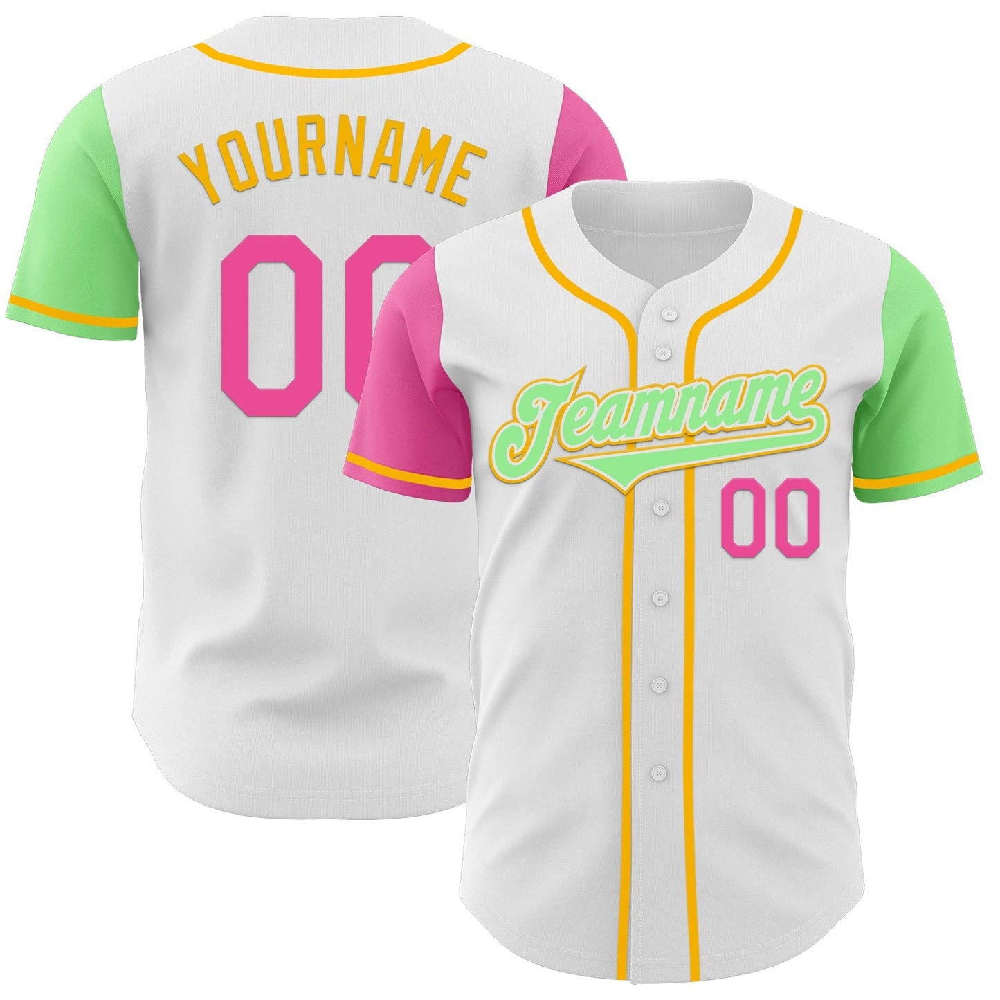 Custom White Pink Pea Green-Gold Authentic Two Tone Baseball Jersey baseball jersey product view 1