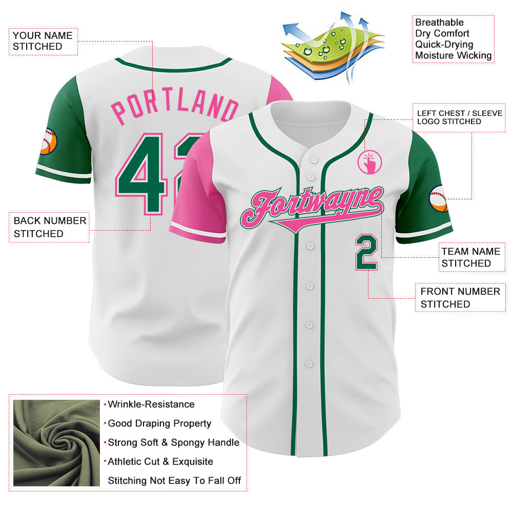 Custom White Kelly Green-Pink Authentic Two Tone Baseball Jersey baseball jersey product view 3