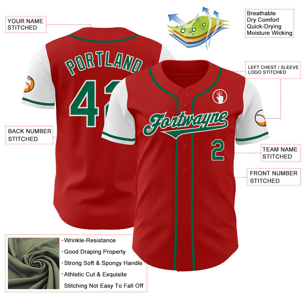 Custom Red Kelly Green-White Authentic Two Tone Baseball Jersey baseball jersey product view 3