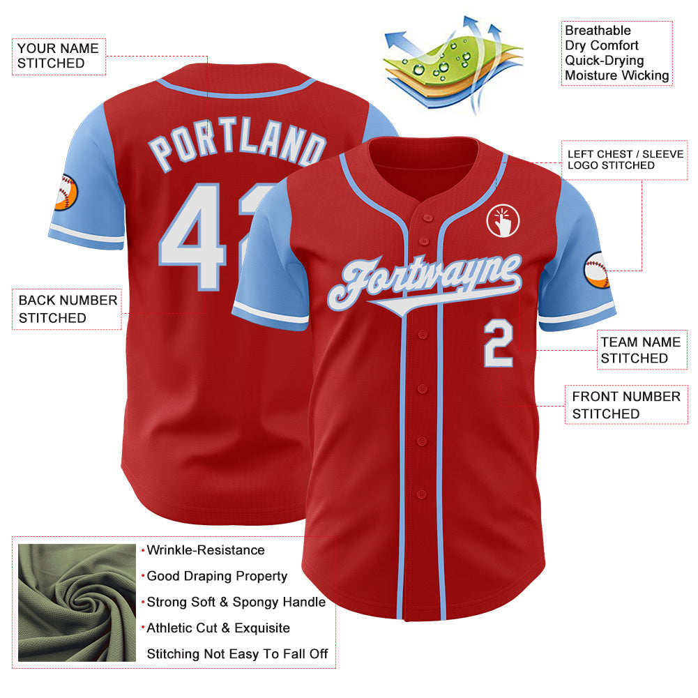 Custom Red White-Light Blue Authentic Two Tone Baseball Jersey baseball jersey product view 3