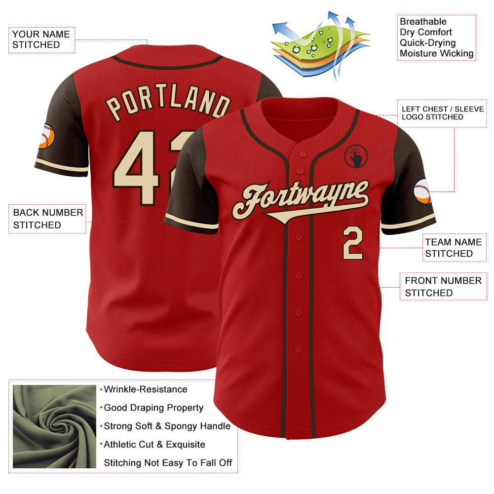 Custom Red Cream-Brown Authentic Two Tone Baseball Jersey baseball jersey product view 3