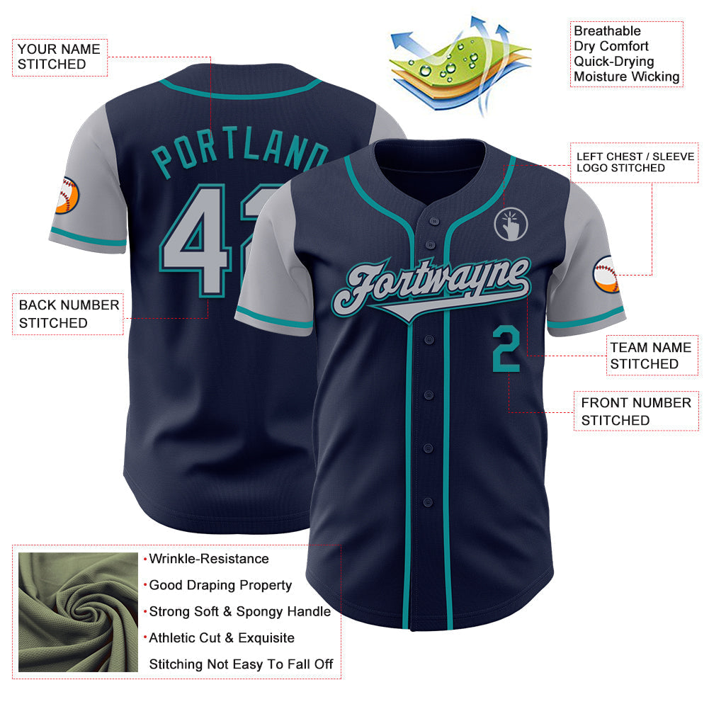 Custom Navy Gray-Teal Authentic Two Tone Baseball Jersey baseball jersey product view 3
