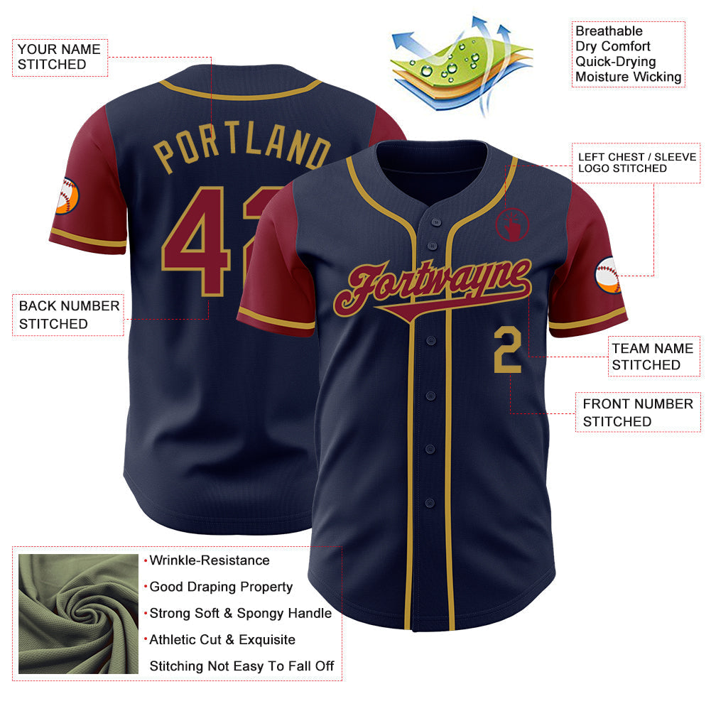 Custom Navy Crimson-Old Gold Authentic Two Tone Baseball Jersey baseball jersey product view 3