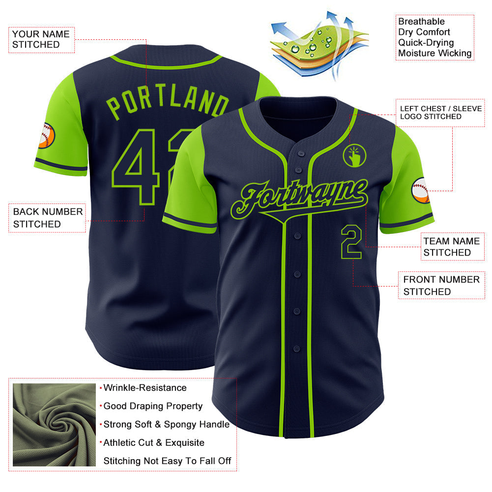 Custom Navy Neon Green Authentic Two Tone Baseball Jersey baseball jersey product view 3