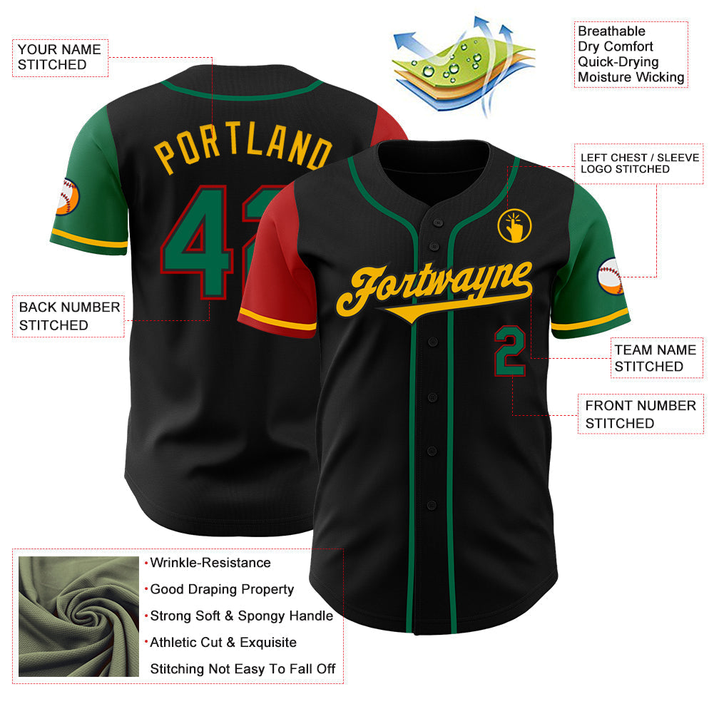 Custom Black Kelly Green Red-Gold Authentic Two Tone Baseball Jersey baseball jersey product view 3