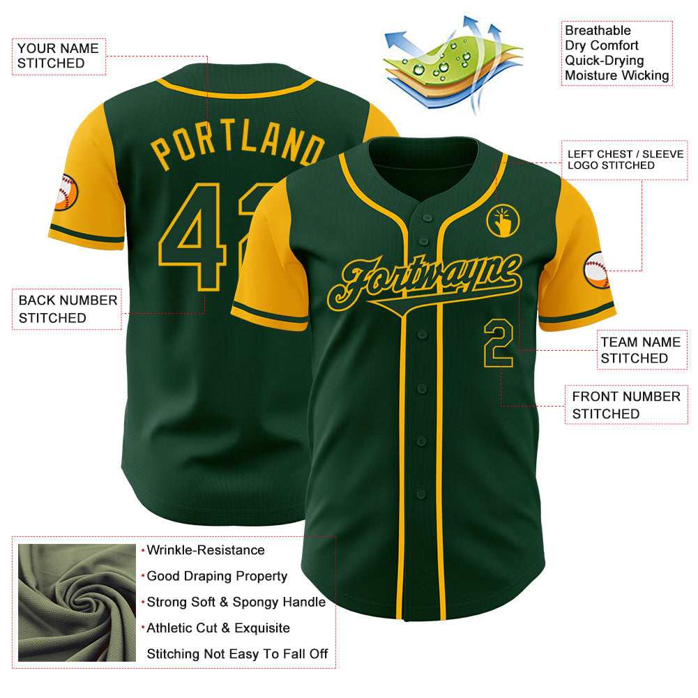 Custom Green Gold Authentic Two Tone Baseball Jersey baseball jersey product view 3