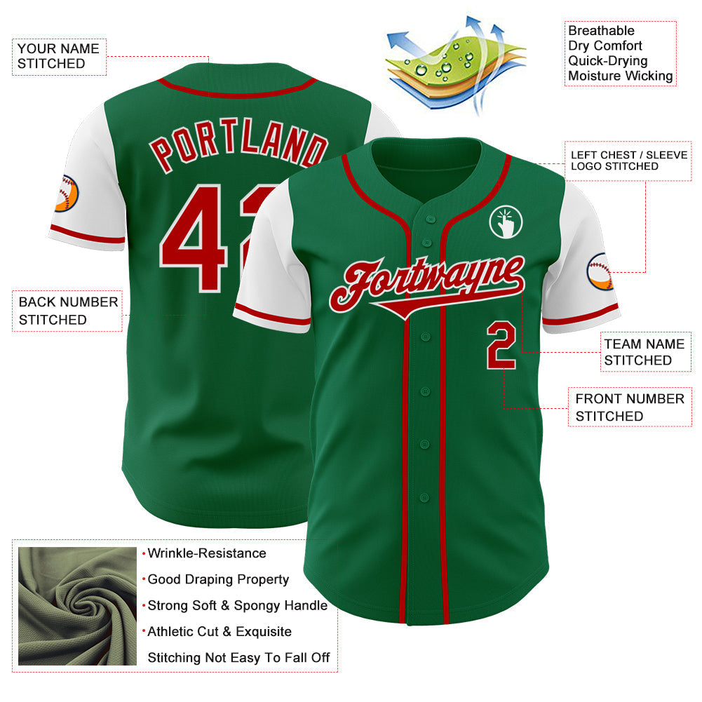 Custom Kelly Green Red-White Authentic Two Tone Baseball Jersey baseball jersey product view 3